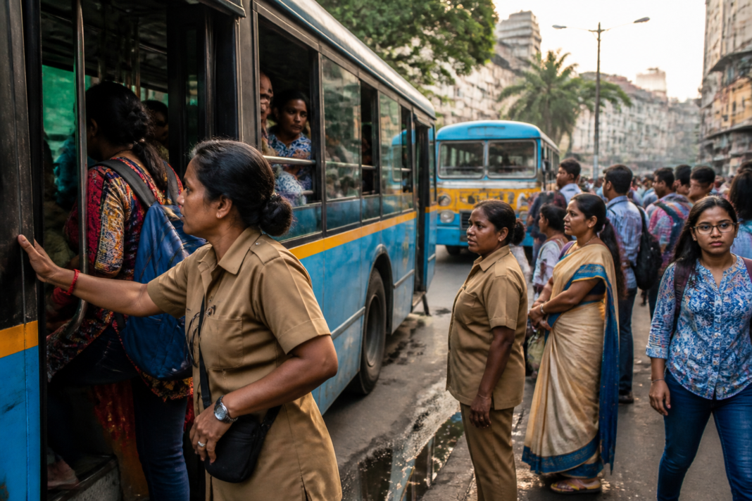 Women bus workers and passengers at a Kolkata public transport bus