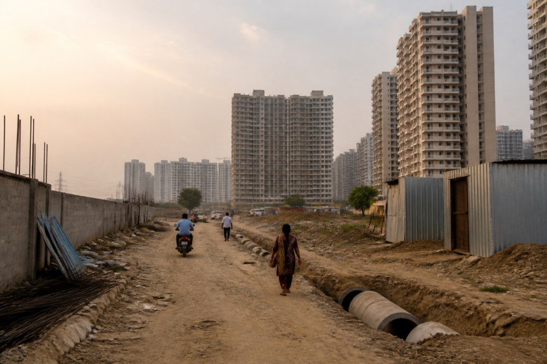 Gurugram roads missing between residential sectors, with unfinished access routes and high-rise housing