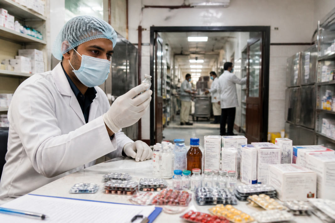 RML Hospital drug quality inspection with medicine vials and sealed hospital pharmacy supplies in Delhi