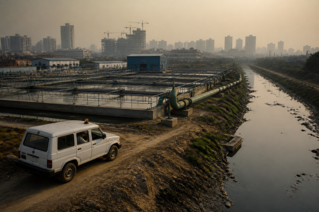 Gurugram pollution control scene near a sewage treatment facility and urban road