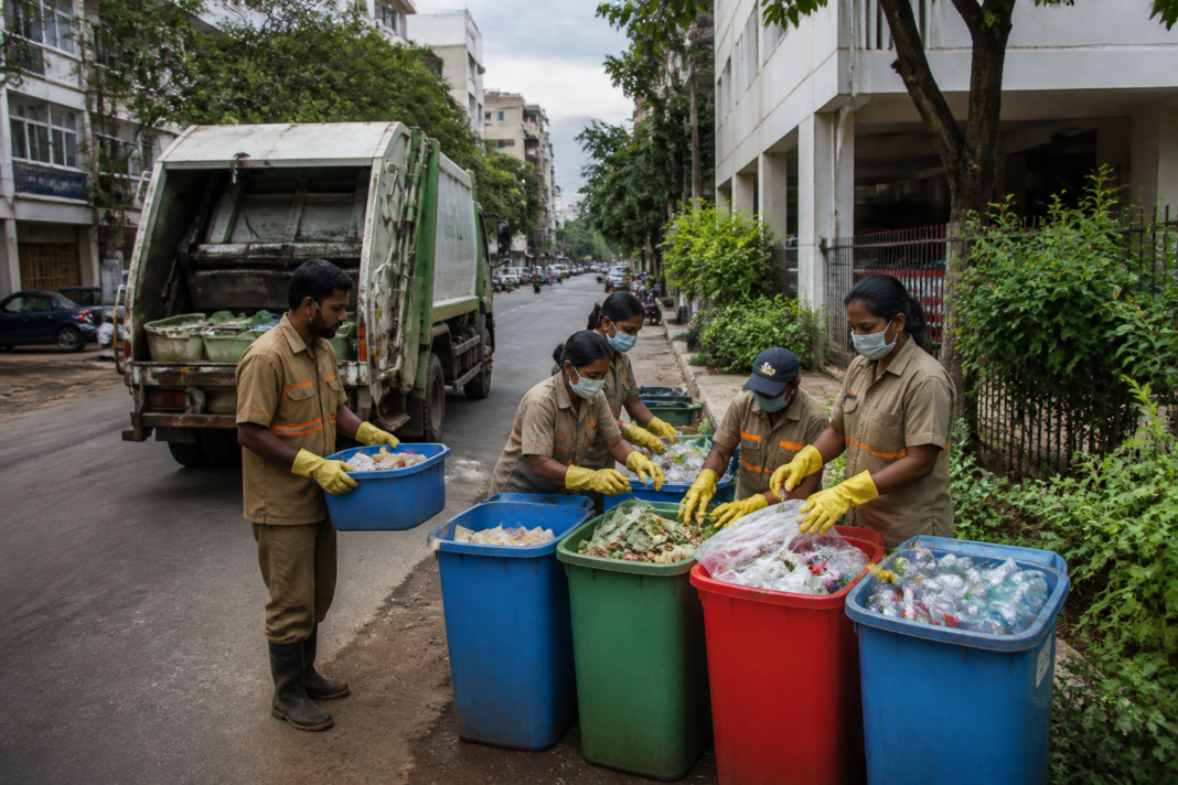 Bengaluru waste management workers clearing garbage from an urban roadside