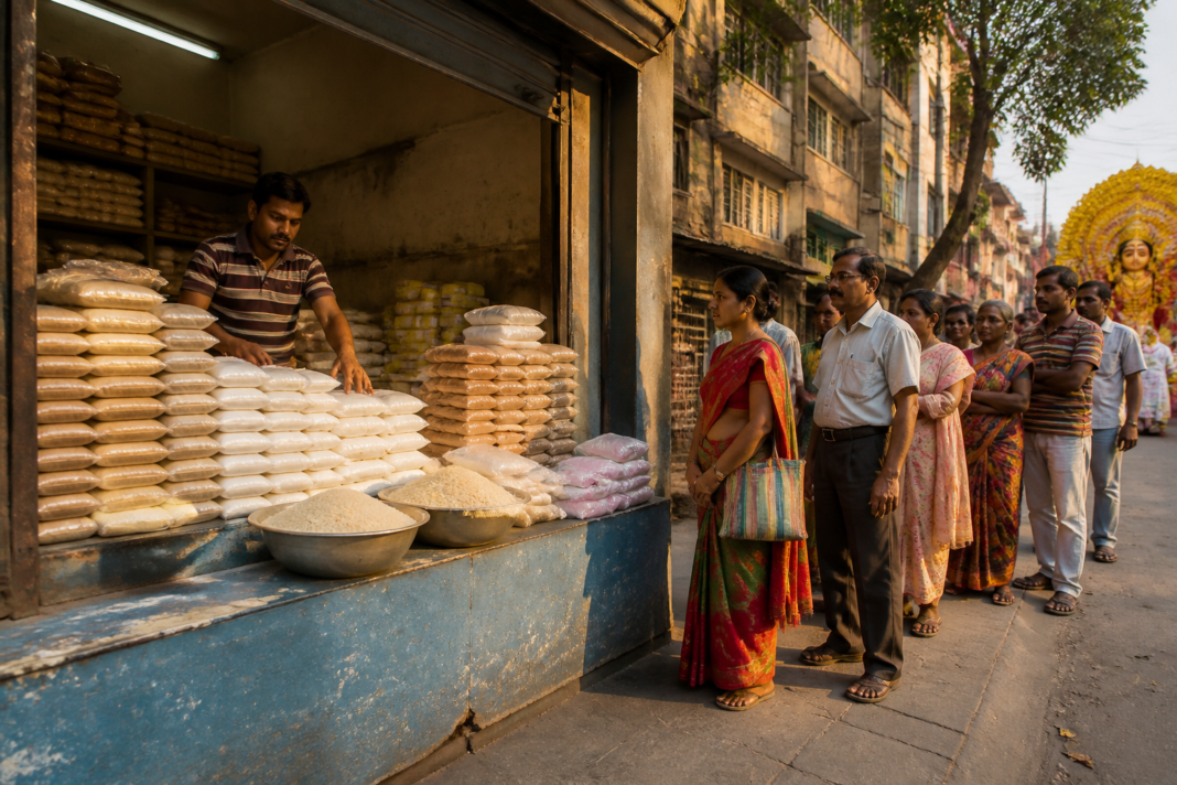 West Bengal ration package items arranged for distribution through a ration shop