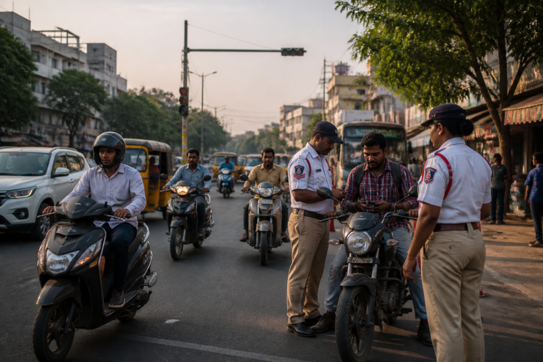 Kurnool traffic violations being checked by police on an urban road in Andhra Pradesh
