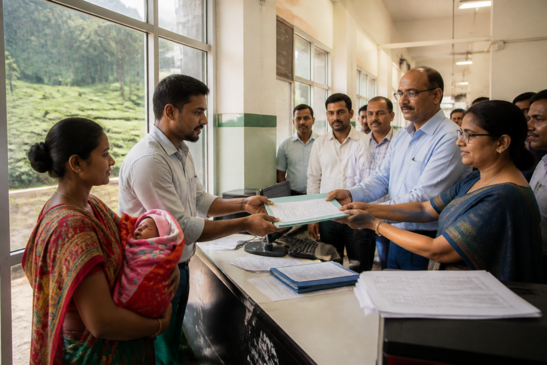 Project Porichoy officials handing newborn documents to parents at a Malbazar hospital