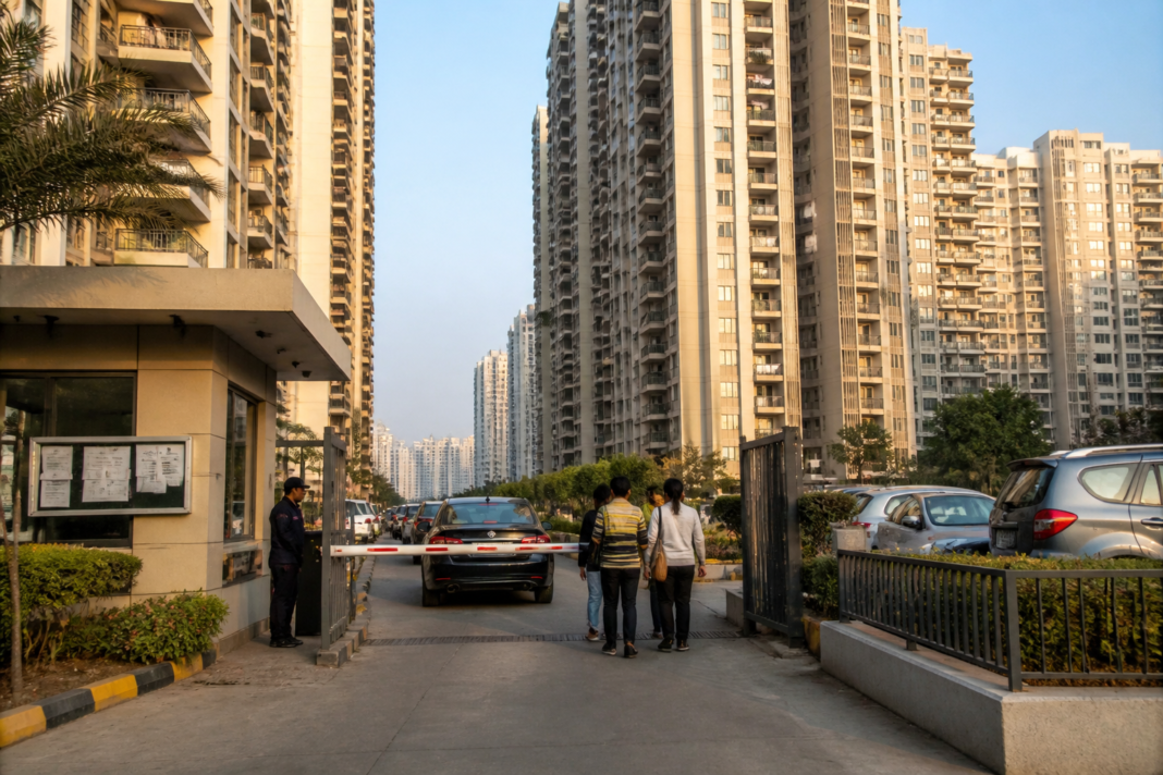 Noida rental policy notice and apartment complex entrance at Supernova Society