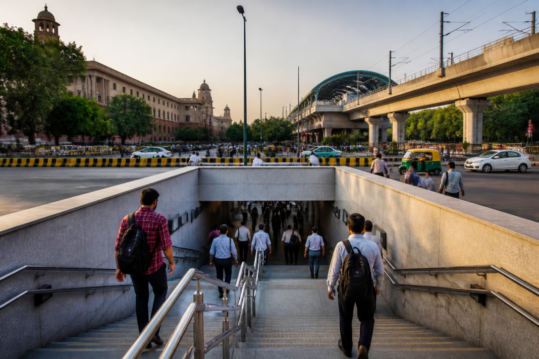Central Secretariat Metro interchange in Delhi with connected metro corridors and commuters