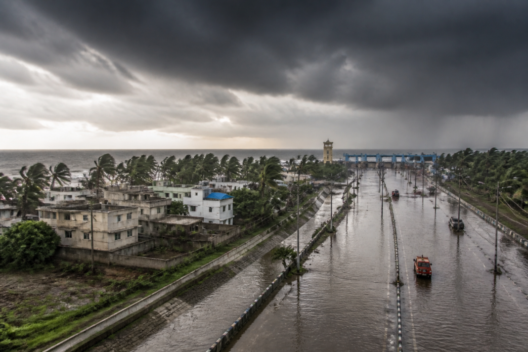 Bay of Bengal cyclone risk over Odisha’s coast with dark storm clouds and flooded urban roads