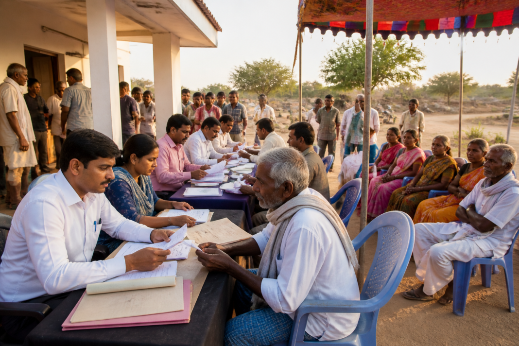Karnataka doorstep governance officials receiving public grievance applications at a village programme