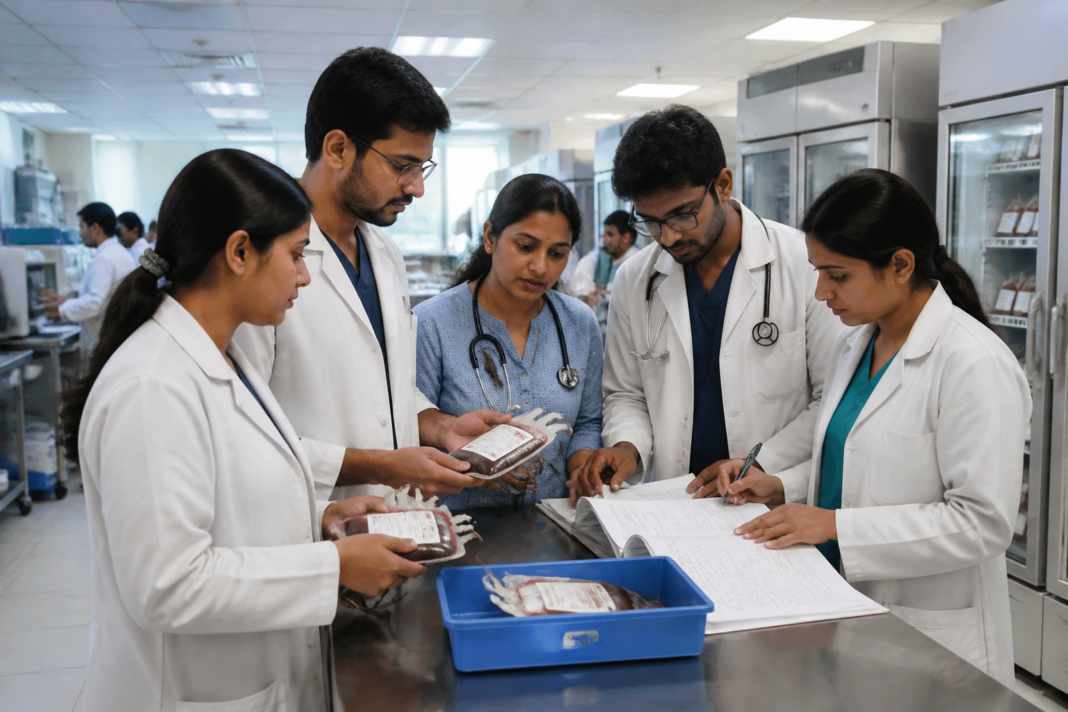 Haemovigilance in Chennai represented by doctors reviewing blood transfusion safety records in a hospital.