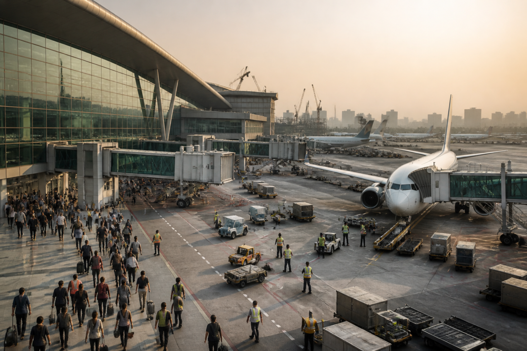 Mumbai airport Terminal 2 with aircraft and passengers amid redevelopment planning