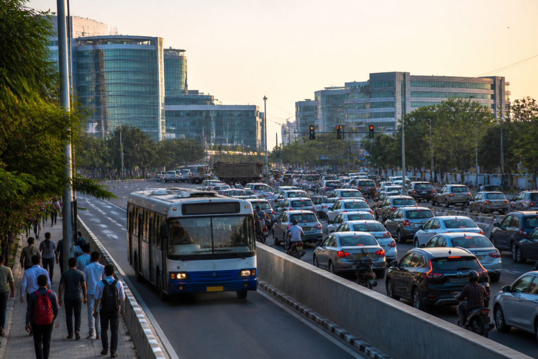 Hyderabad counterflow bus lane concept on the congested IT corridor near Raidurgam