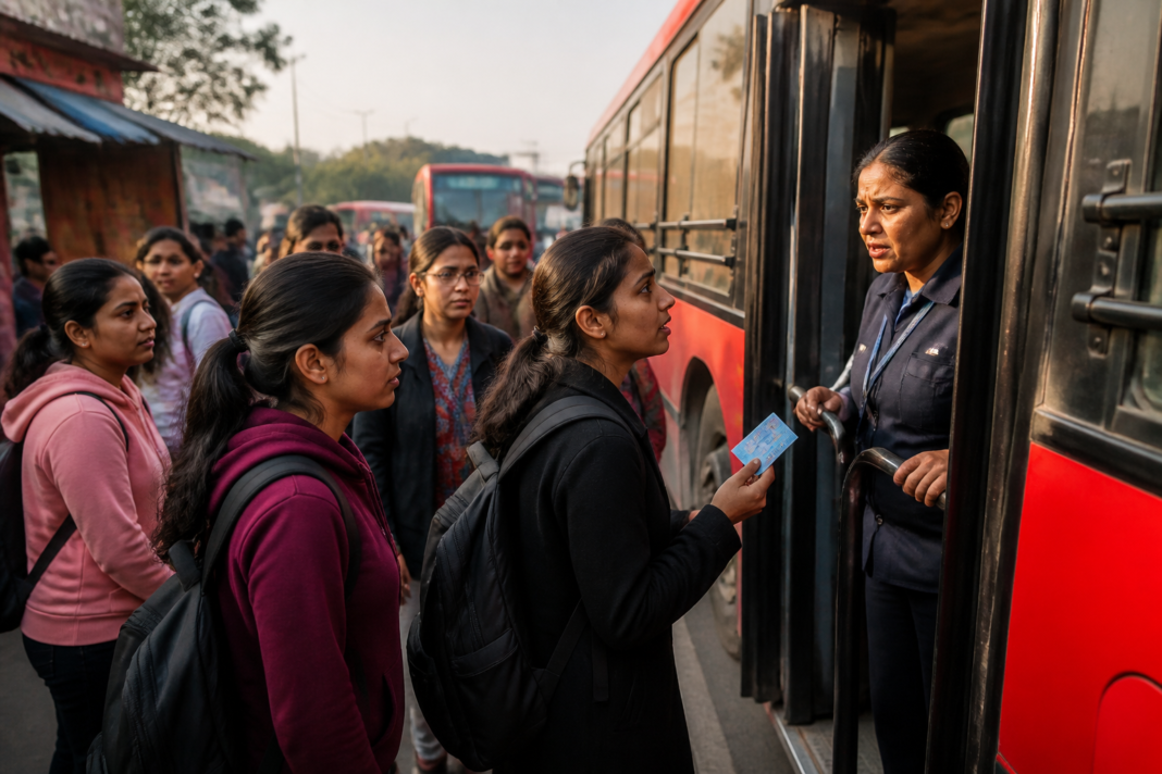 DTC pink card issue affecting women passengers at a Delhi bus stop
