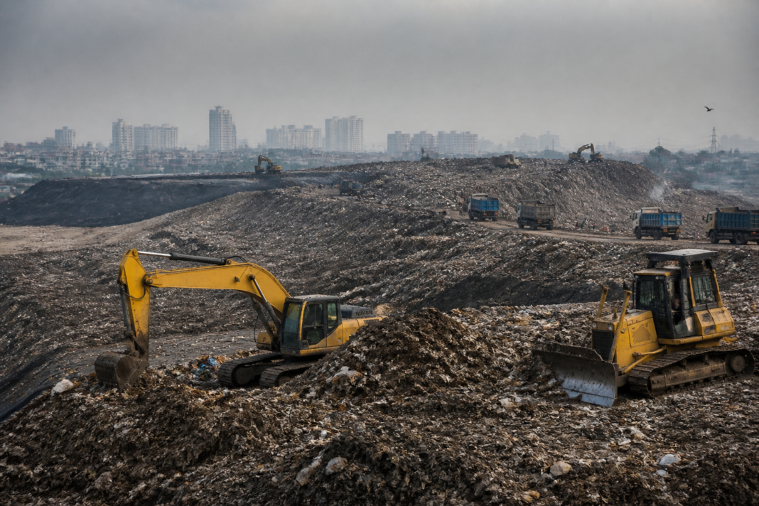 Delhi landfill waste being cleared at the Okhla landfill site