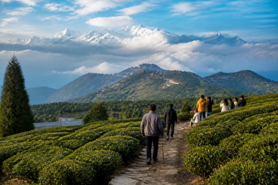 Bengal tourism landscape with a tea garden and mountain destination near Sandakphu