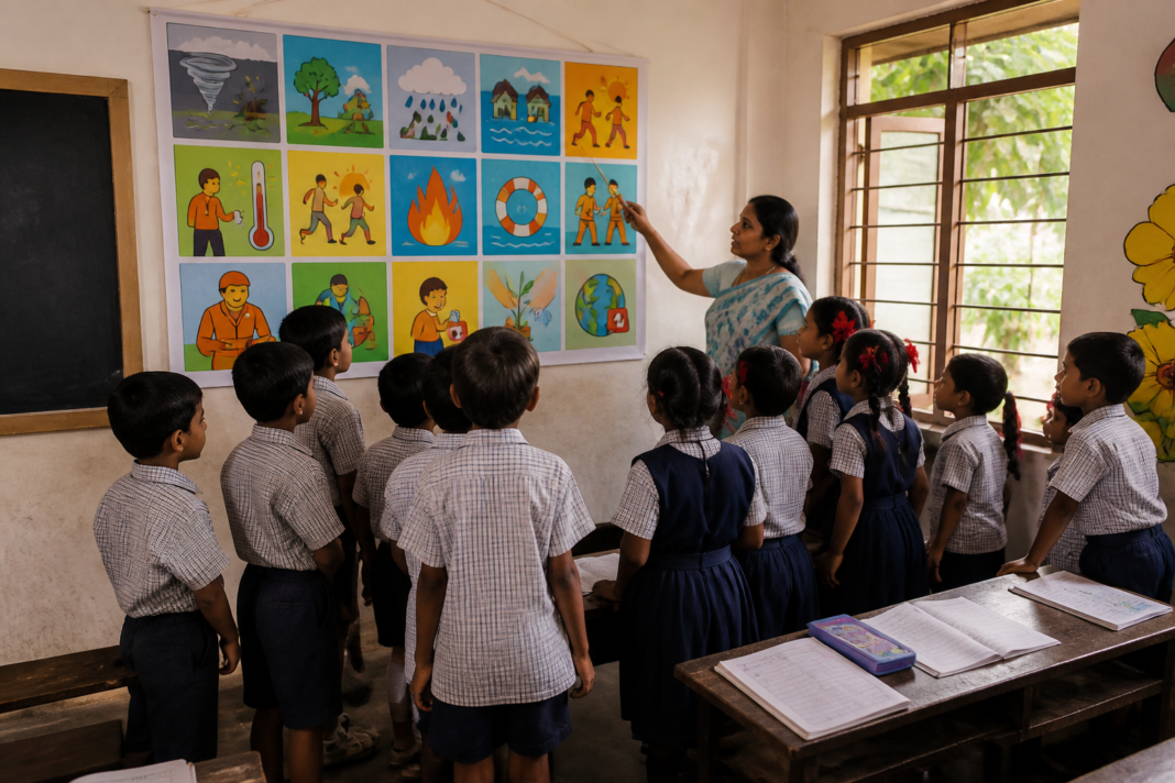 Disaster preparedness education chart displayed in a Maharashtra government school classroom