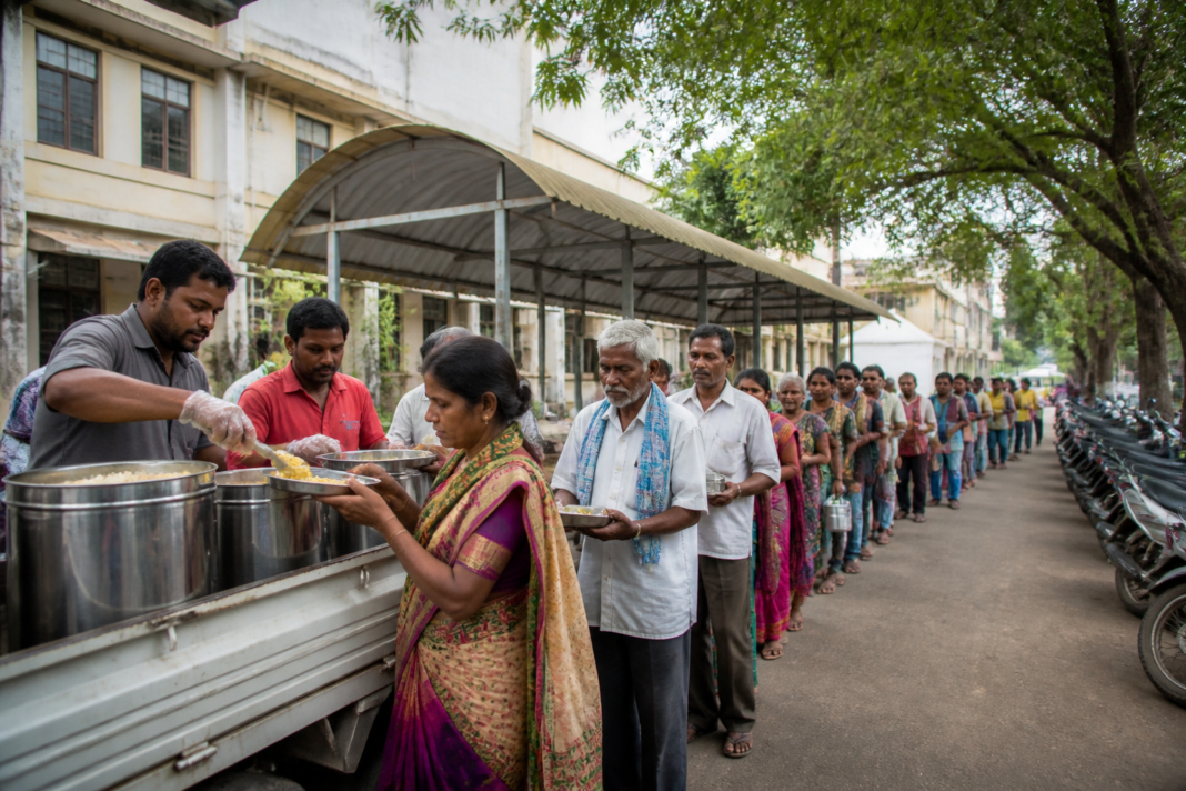 Mysuru hospital food service volunteers distribute meals to patient attendants outside a public hospital.