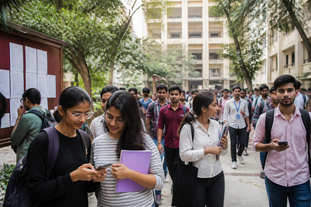 NEP 2020 Mumbai University students attending a lecture on a college campus