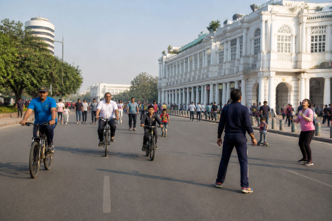 Raahgiri Delhi participants cycling and exercising on car-free roads in Connaught Place.