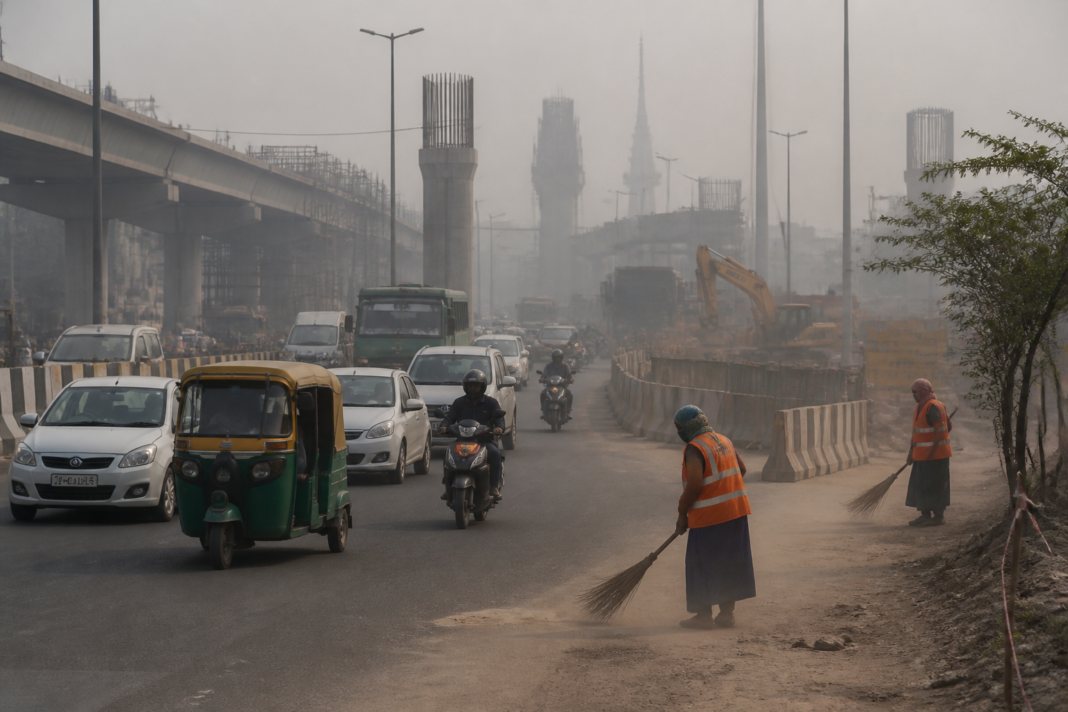 Delhi AQI pollution over a busy road with haze and traffic near a city construction zone.