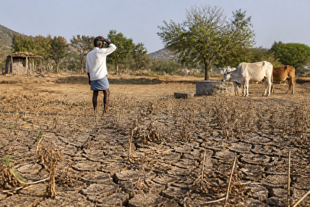 Andhra Pradesh drought conditions affecting farmland and livestock in a rural village