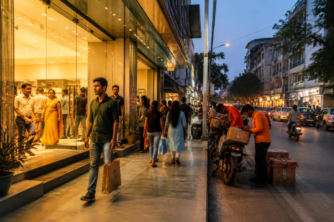 Small-town India consumption represented by a busy tier-2 city retail street and delivery activity