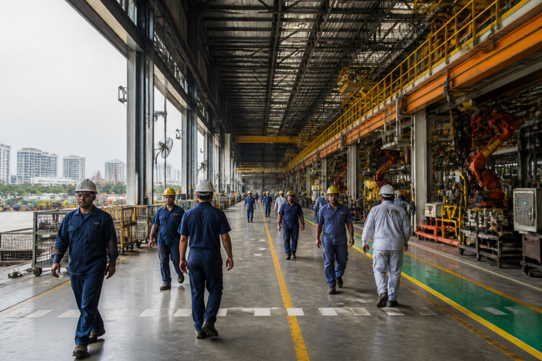 Tamil Nadu manufacturing workers at an organised industrial facility in an urban factory district.