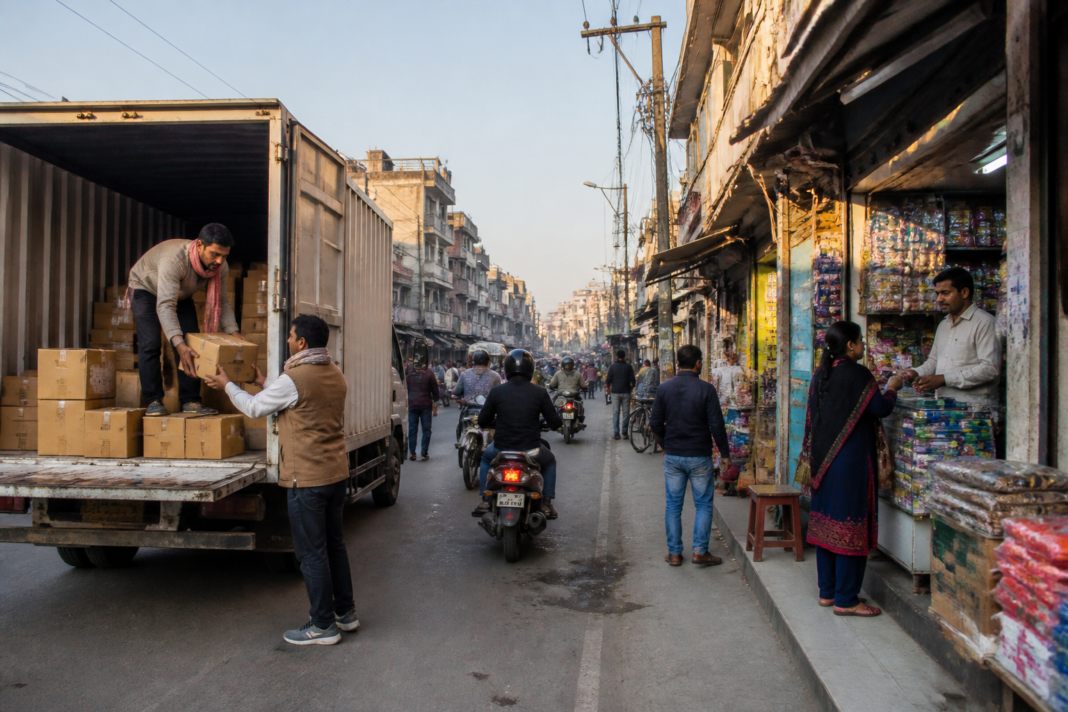 GST reform and small businesses operating in a busy Indian city market