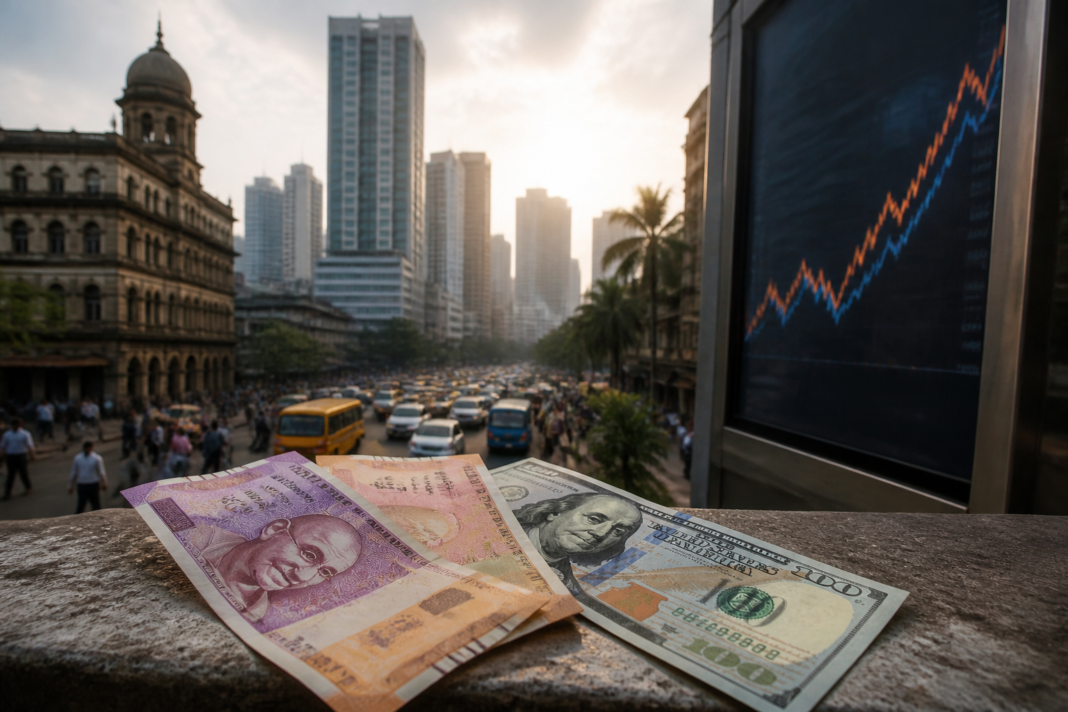Rupee near ₹100 represented by Indian currency and a dollar exchange display in an urban financial district