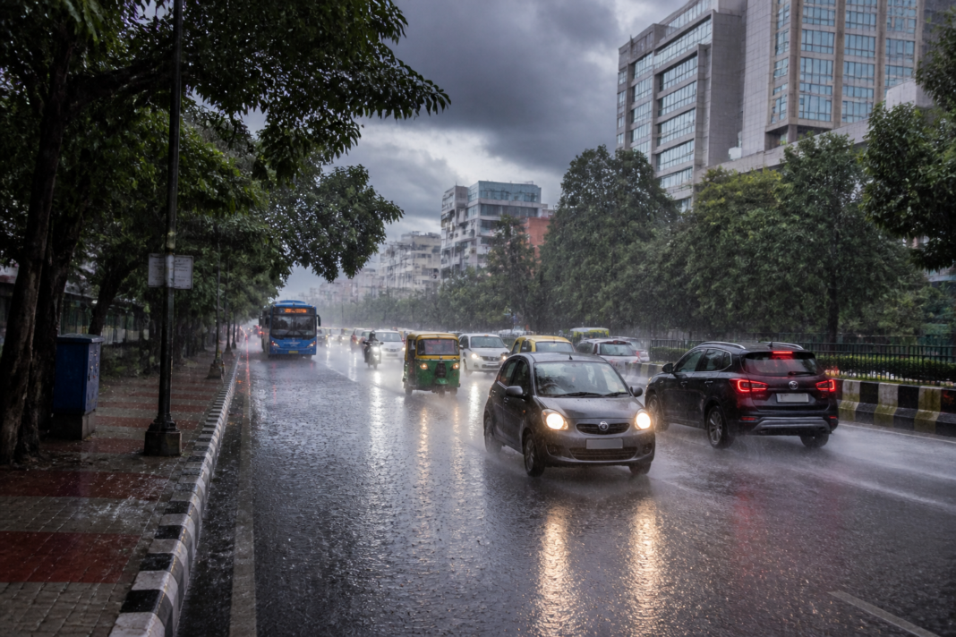 Karnataka rain forecast showing heavy showers over a Bengaluru road with wet traffic conditions