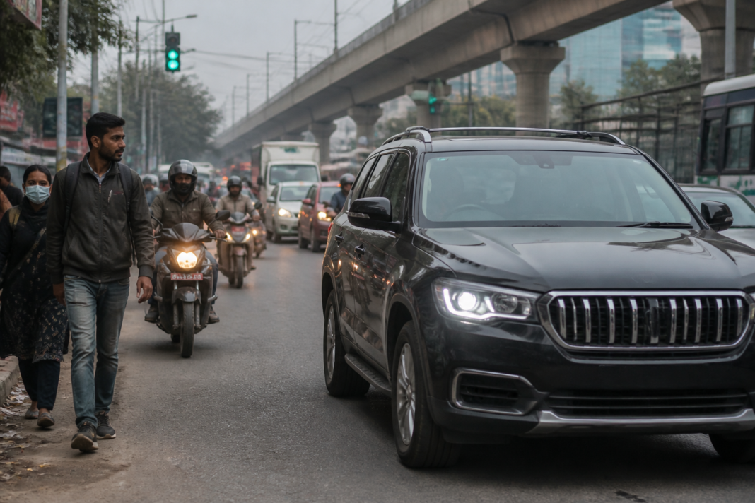 SUV road rage on a busy Delhi-NCR road beside motorcycles and pedestrians