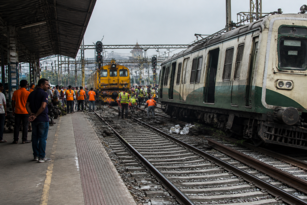 Chennai Fort derailment disrupting a suburban EMU service at a Chennai railway station
