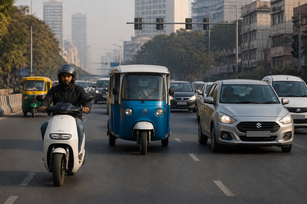 Electric vehicles and petrol vehicles representing India’s changing transport emissions landscape