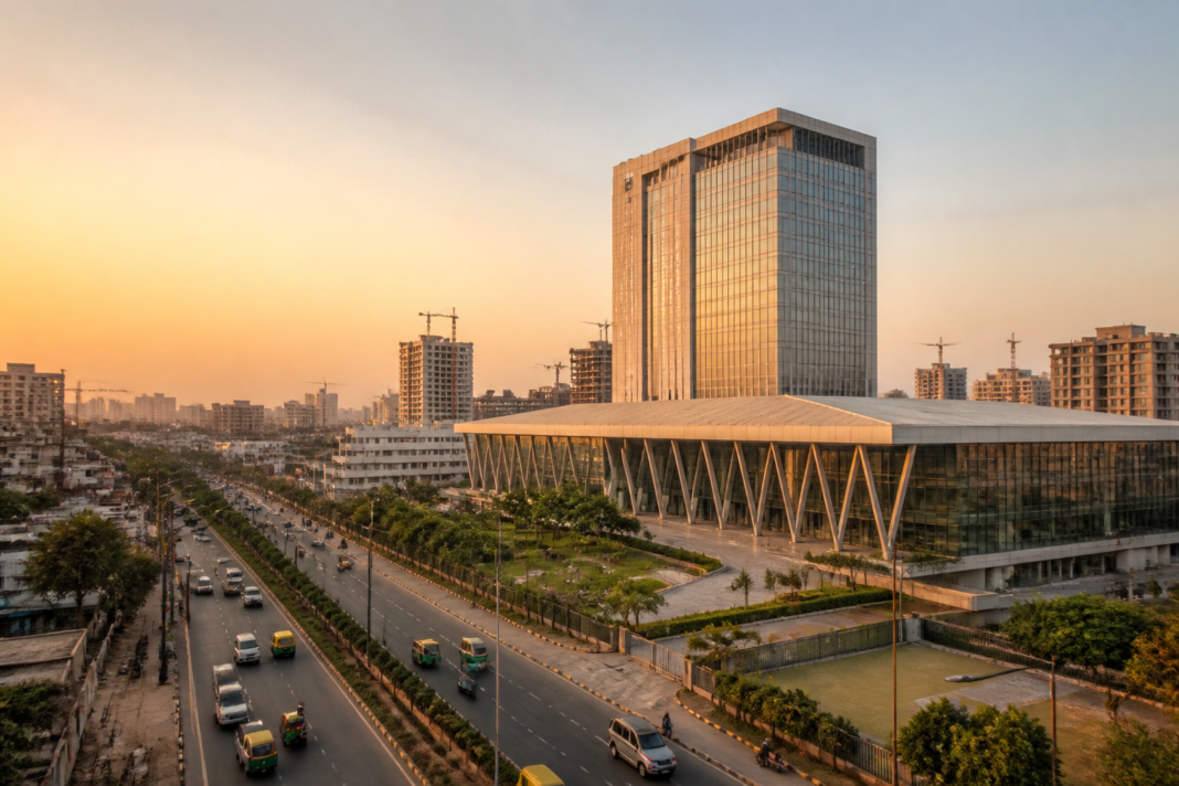 Ahmedabad hospitality infrastructure and hotel towers viewed across the urban skyline