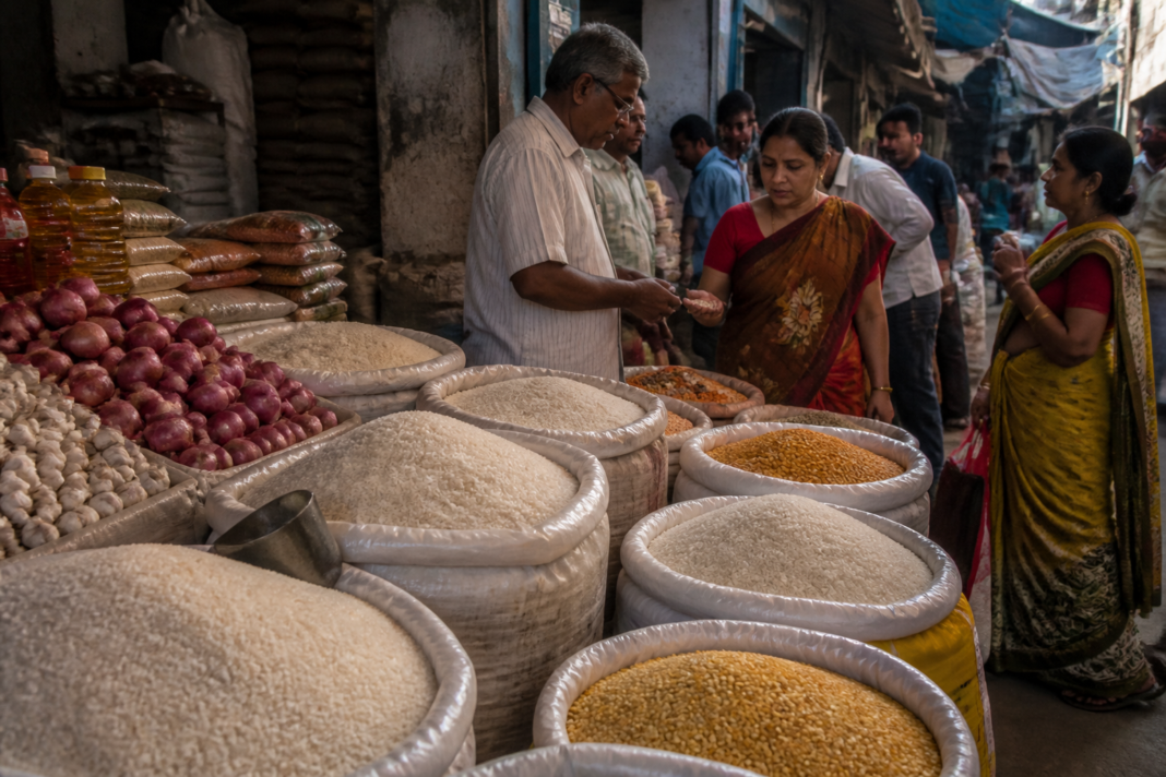 Rice sacks and essential commodities displayed at a Telangana market amid rising rice prices.