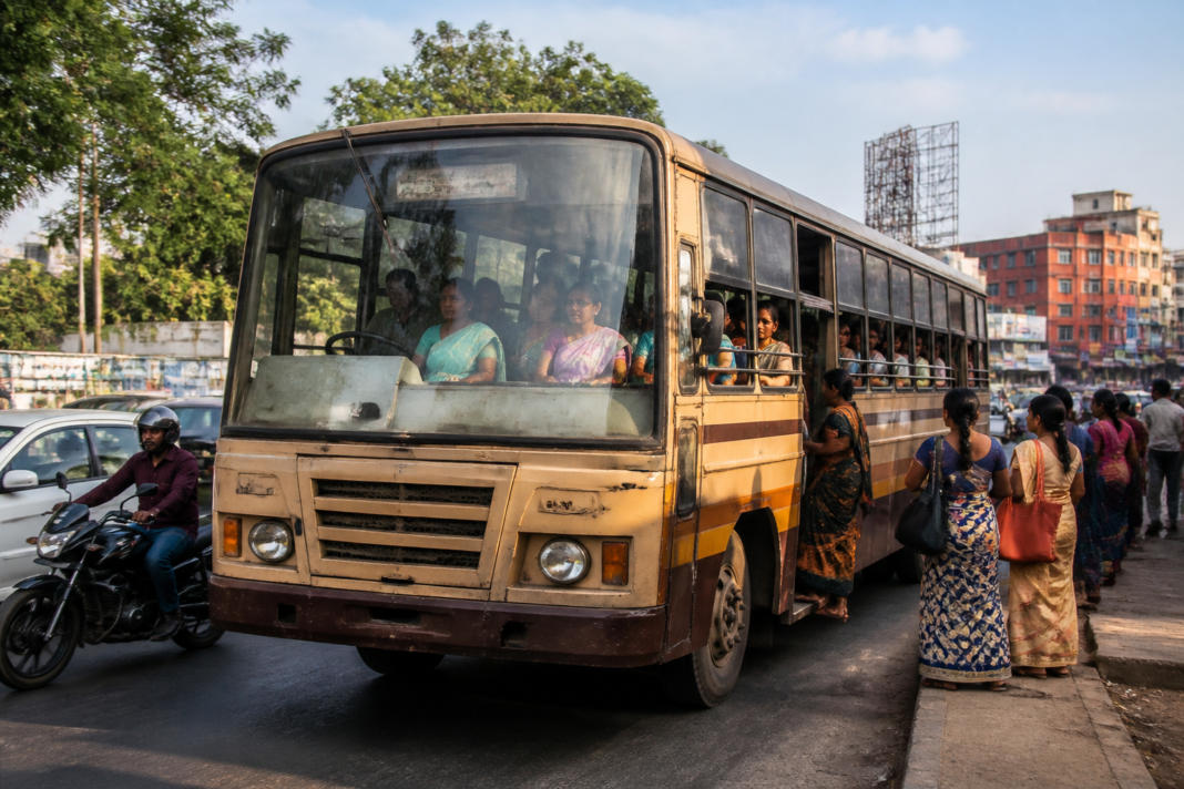 Tamil Nadu free bus travel scheme buses carrying women passengers on a city route