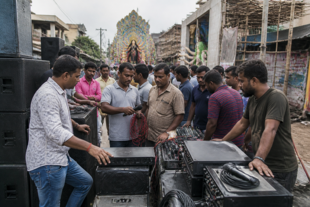 Sound-system traders and loudspeakers at a Durga Puja market in West Bengal amid the DJ ban dispute.