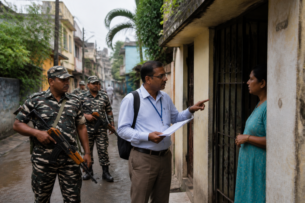 West Bengal BLO security personnel accompanying an election worker during a voter-list household visit