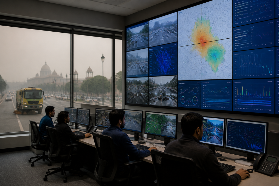 Delhi pollution monitoring dashboard with AI cameras and mechanical sweepers tracked in real time