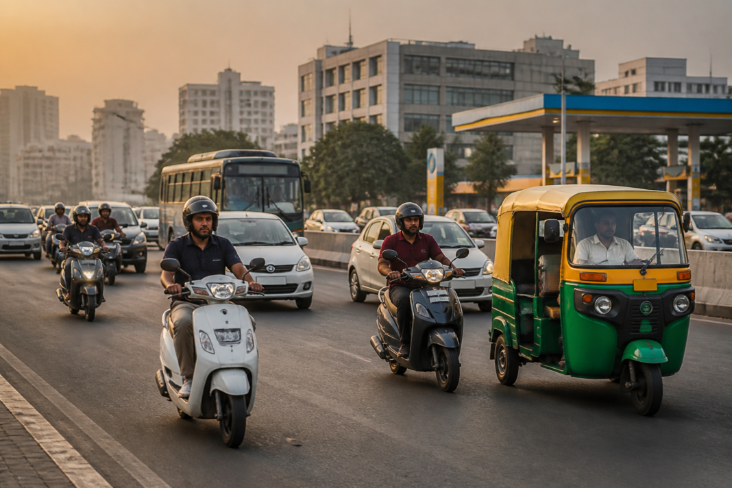 EV policy discussion represented by electric scooters and urban traffic in India