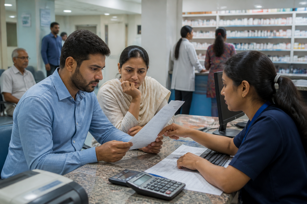 Private hospital charges shown through a patient billing desk and medicine shelves in an Indian hospital.