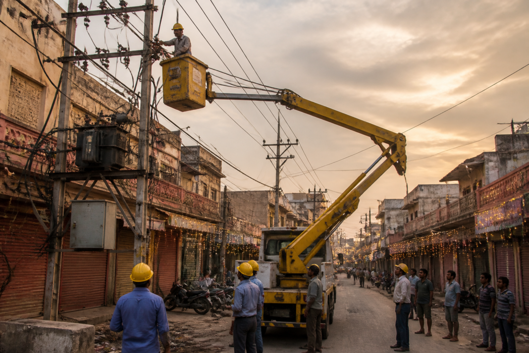 Jaipur power supply workers inspect electrical lines and equipment during a pre-Diwali maintenance drive.