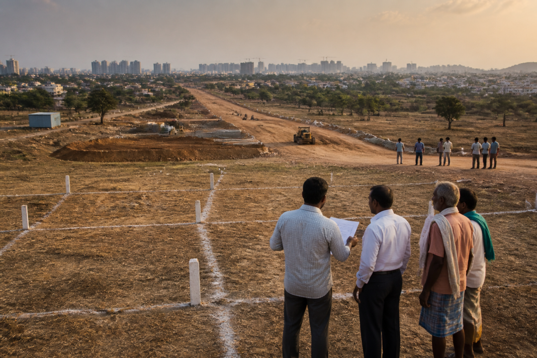 Telangana land pooling policy landscape near Hyderabad with infrastructure construction and surveyed land parcels