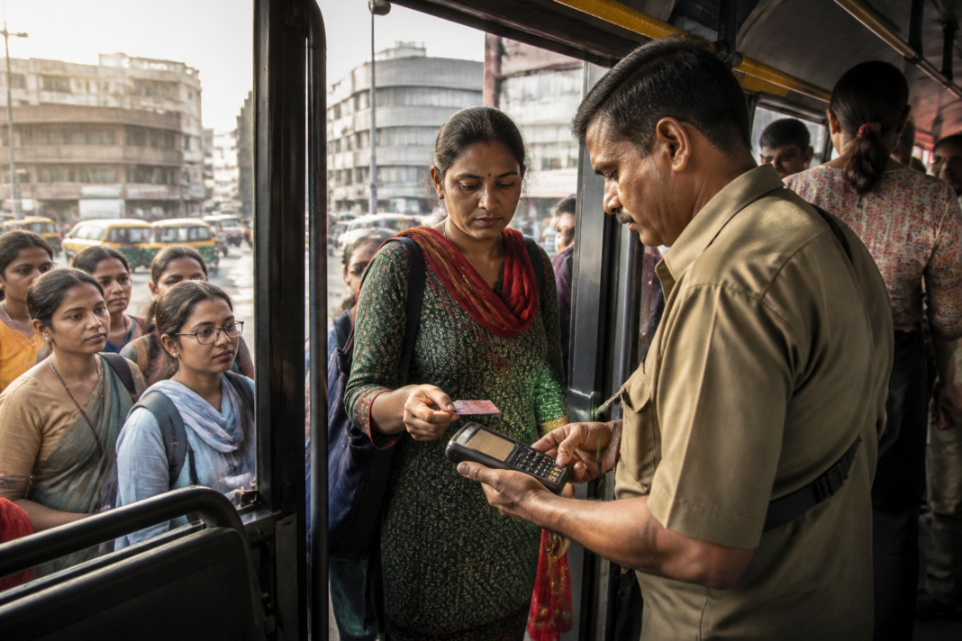 DTC Pink Card passenger waiting as a conductor scans a card on a Delhi bus