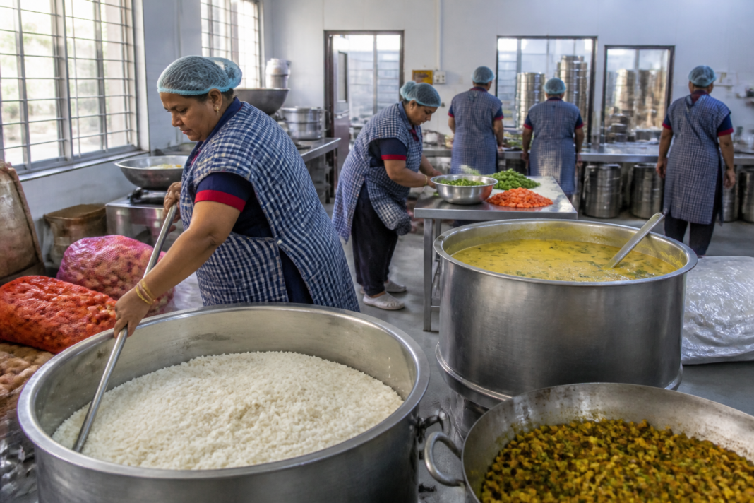 MCD midday meal kitchen staff preparing food for Delhi municipal schoolchildren
