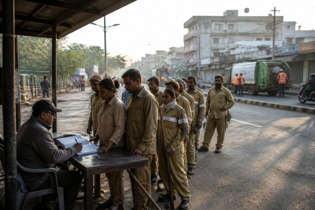 Nagpur NMC sanitation workers reporting at a civic attendance stand
