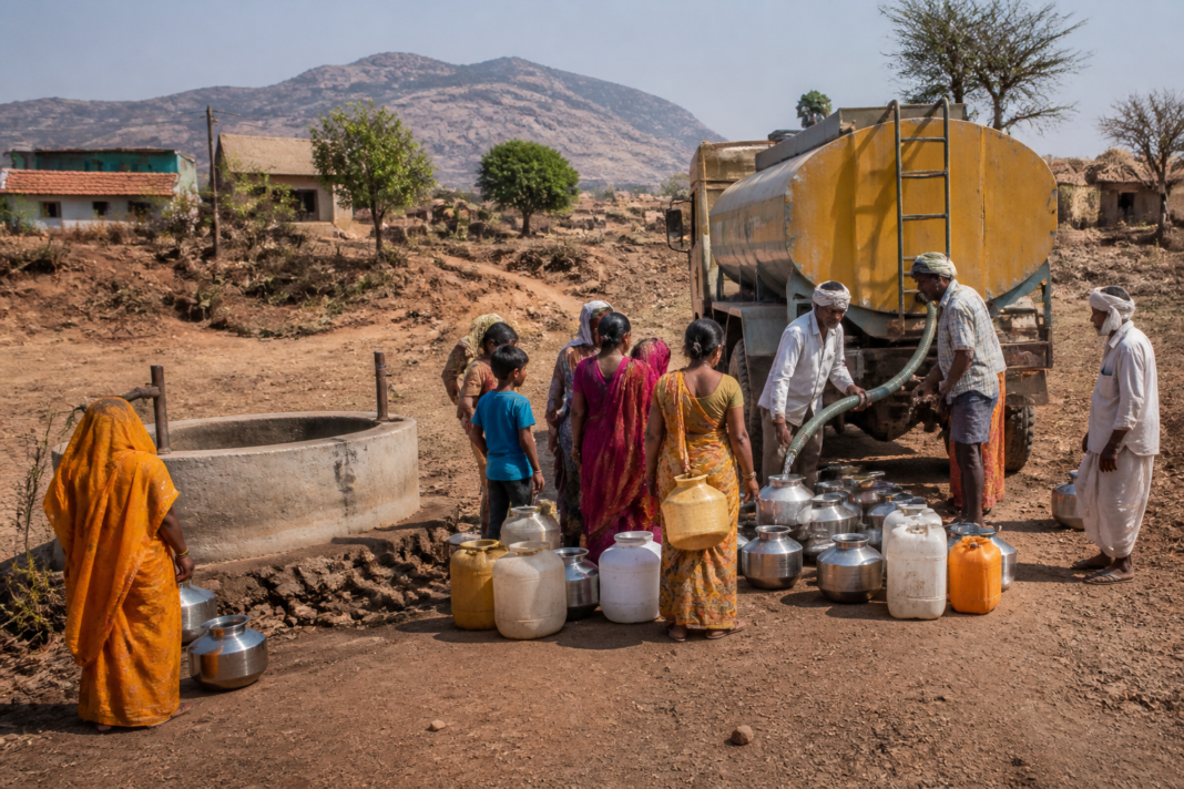Nashik water crisis as villagers collect drinking water from a tanker in rural Maharashtra