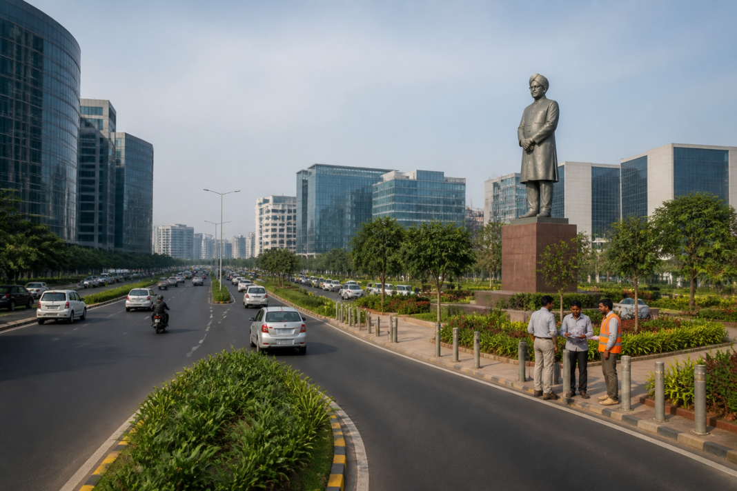 Dr. Manmohan Singh Circle in Hyderabad’s Financial District with the adjacent memorial park