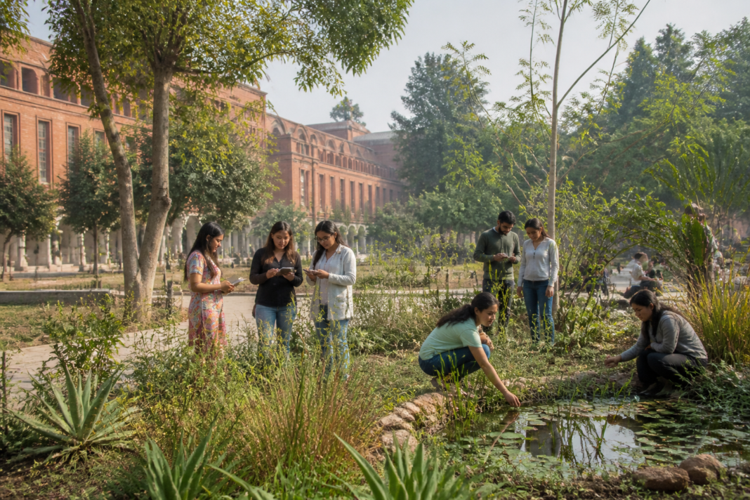 Carbon garden with diverse plants on the Miranda House campus in Delhi