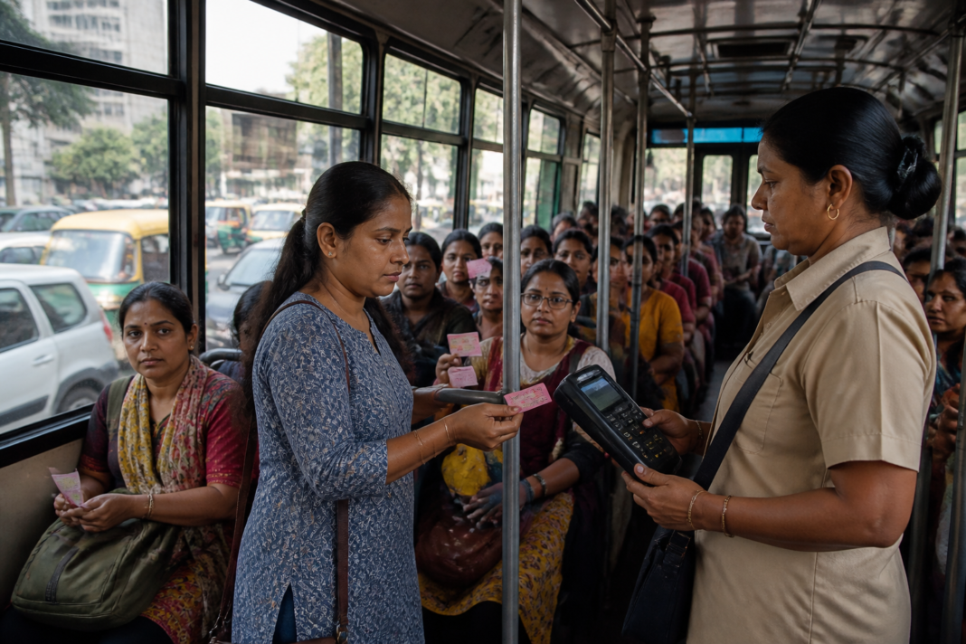 DTC Pink Card passengers waiting as a conductor operates an ETM machine on a Delhi bus
