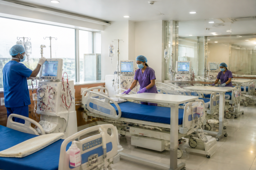 Charaka Hospital dialysis services unit in Bengaluru with hospital beds and dialysis equipment